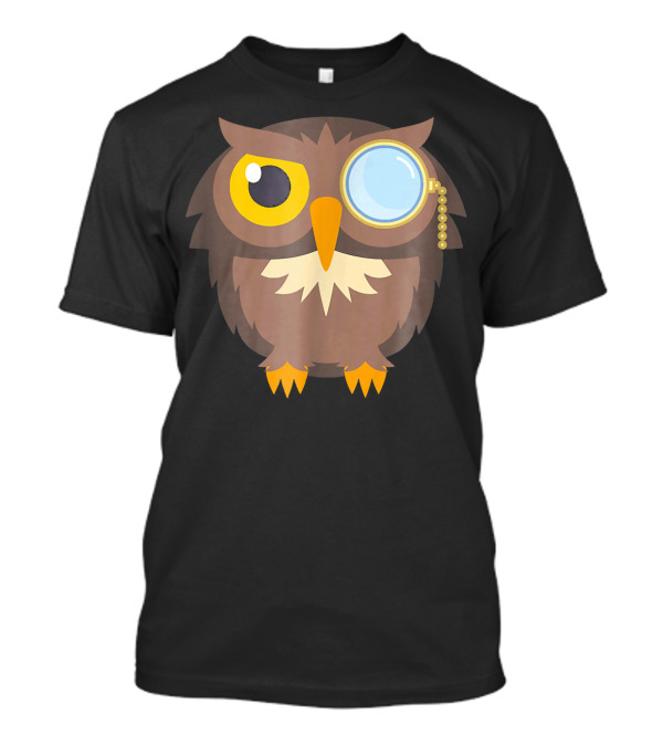 Monocle Owl Emoji Cute Smiley Brown Bird With Yellow Eyes And Blue Lens T-Shirt