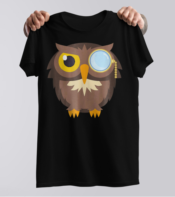 Monocle Owl Emoji Cute Smiley Brown Bird With Yellow Eyes And Blue Lens T-Shirt