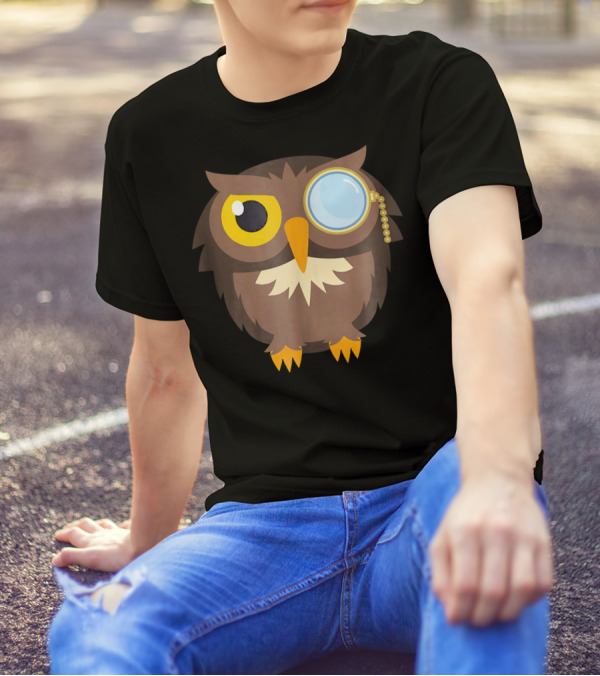 Monocle Owl Emoji Cute Smiley Brown Bird With Yellow Eyes And Blue Lens T-Shirt