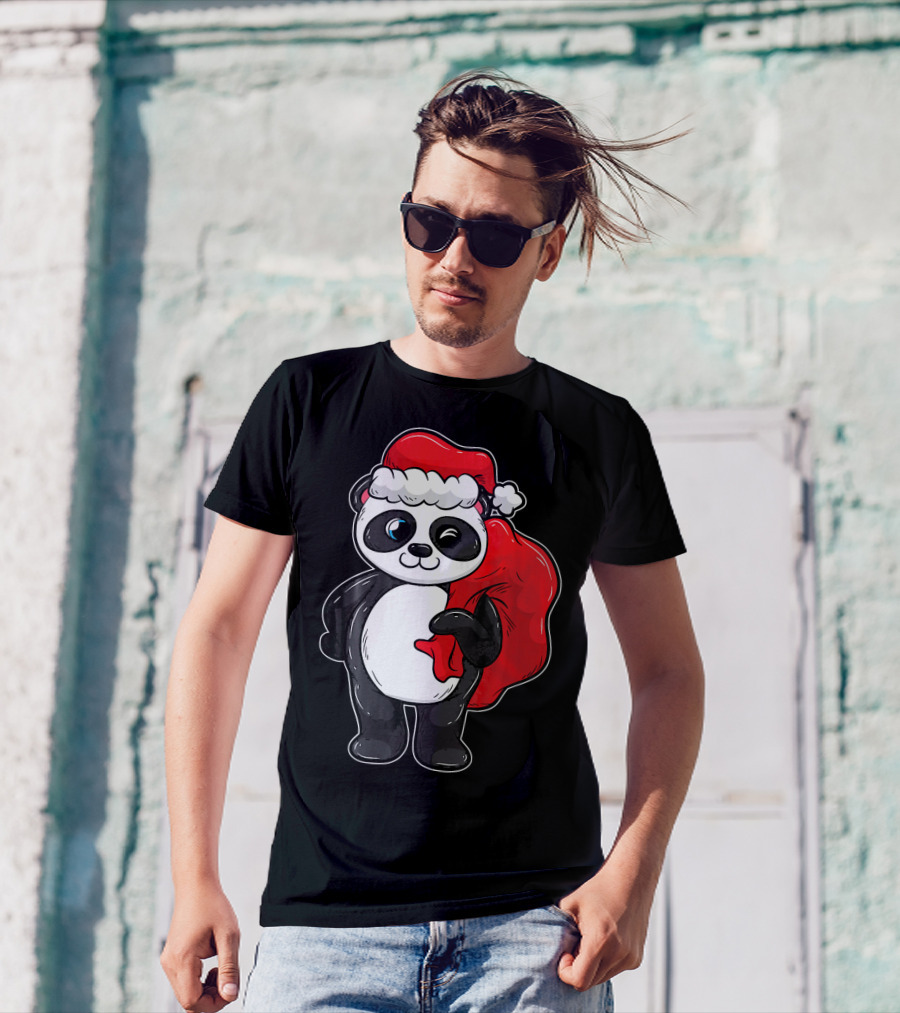 Panda With Santa Hat And Red Sack T-Shirt