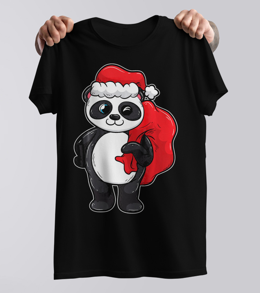 Panda With Santa Hat And Red Sack T-Shirt