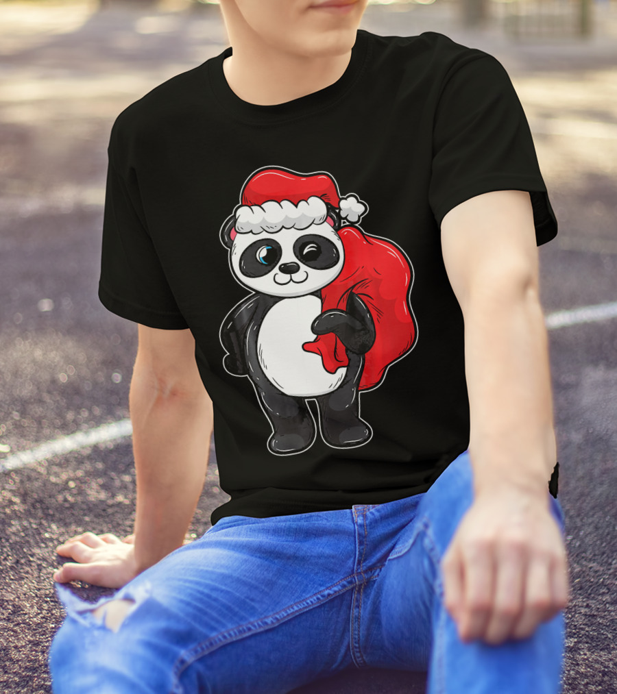 Panda With Santa Hat And Red Sack T-Shirt