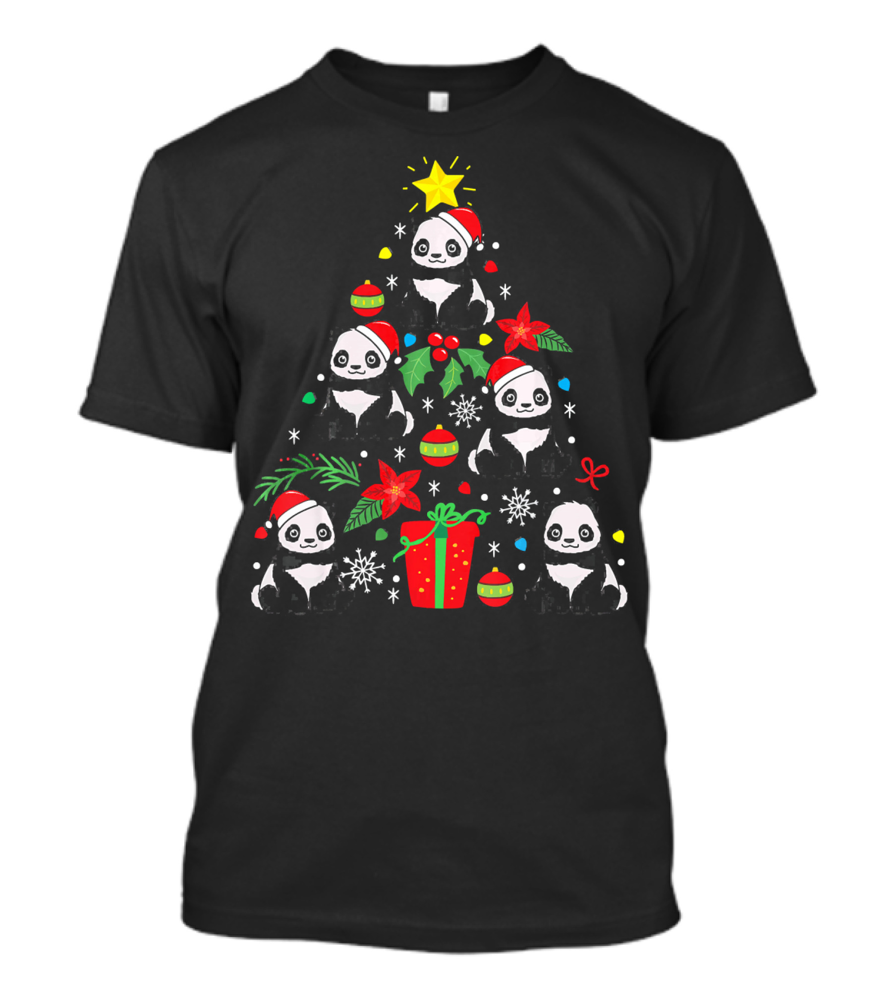 Panda Christmas Ornament Tree With Festive Santa Hat Pandas And Holiday Decorations T-Shirt