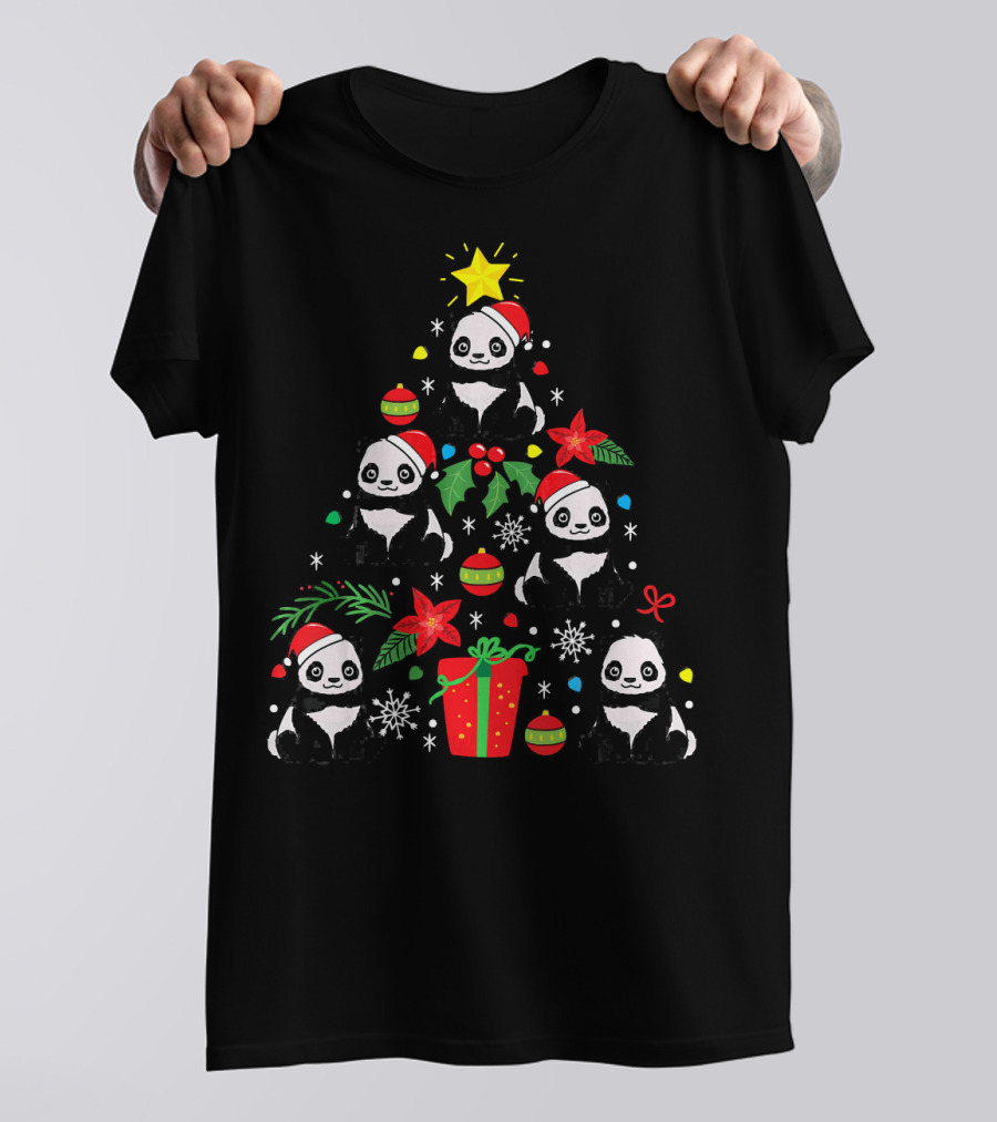 Panda Christmas Ornament Tree With Festive Santa Hat Pandas And Holiday Decorations T-Shirt