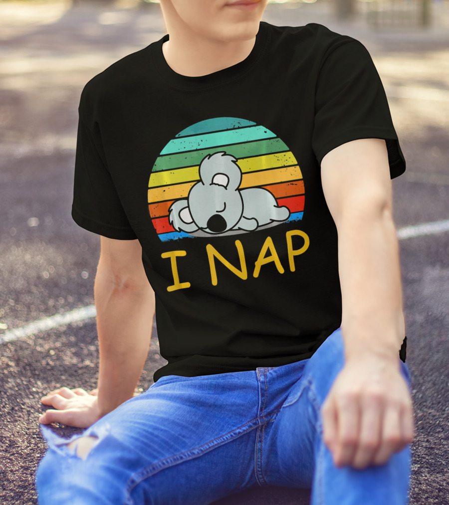 Nope Funny Lazy Koala I Nap Retro Rainbow Stripes T-Shirt