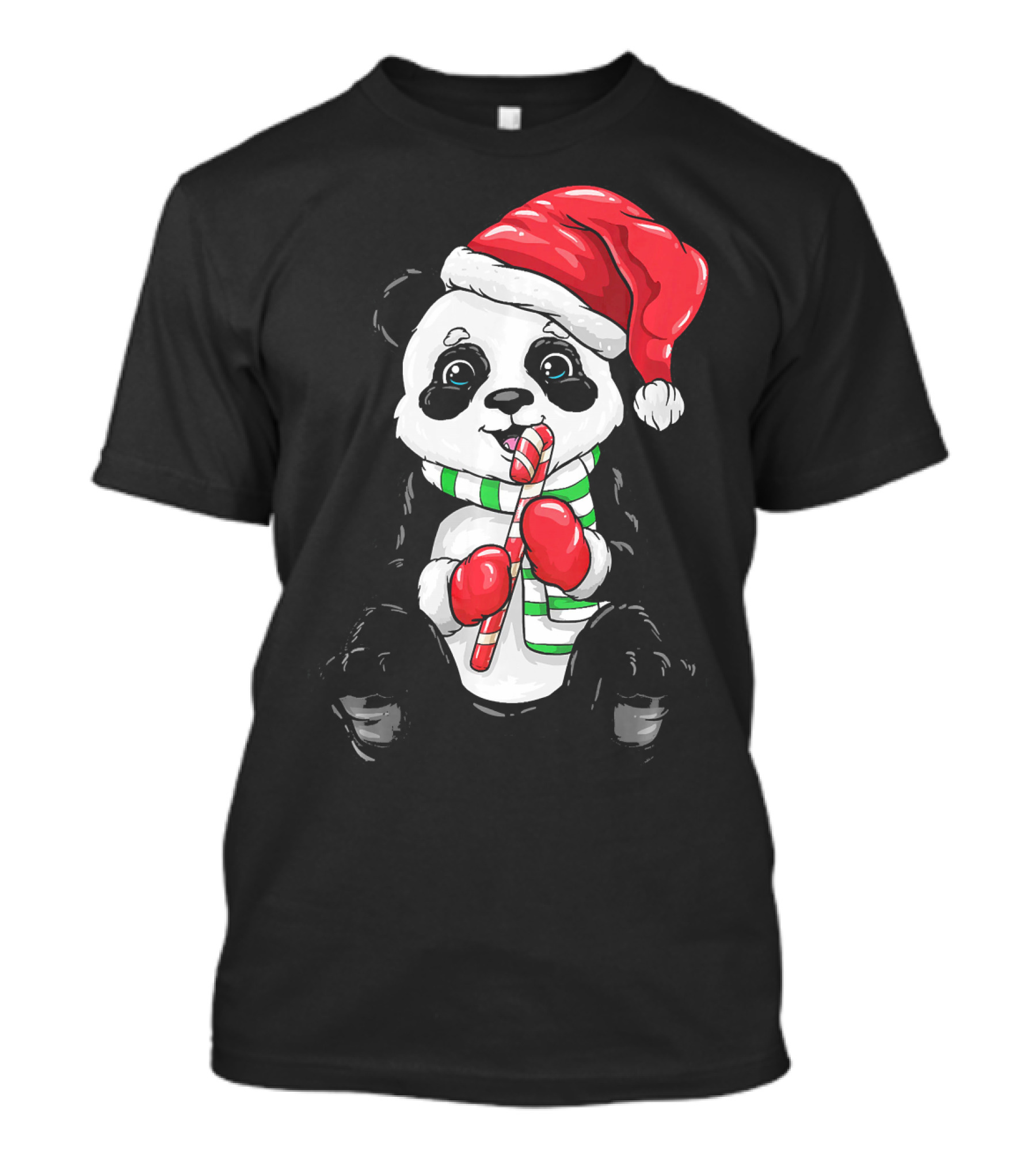 Panda Bear Kids Christmas Sweet Pan Santa Hat Candy Cane T-Shirt