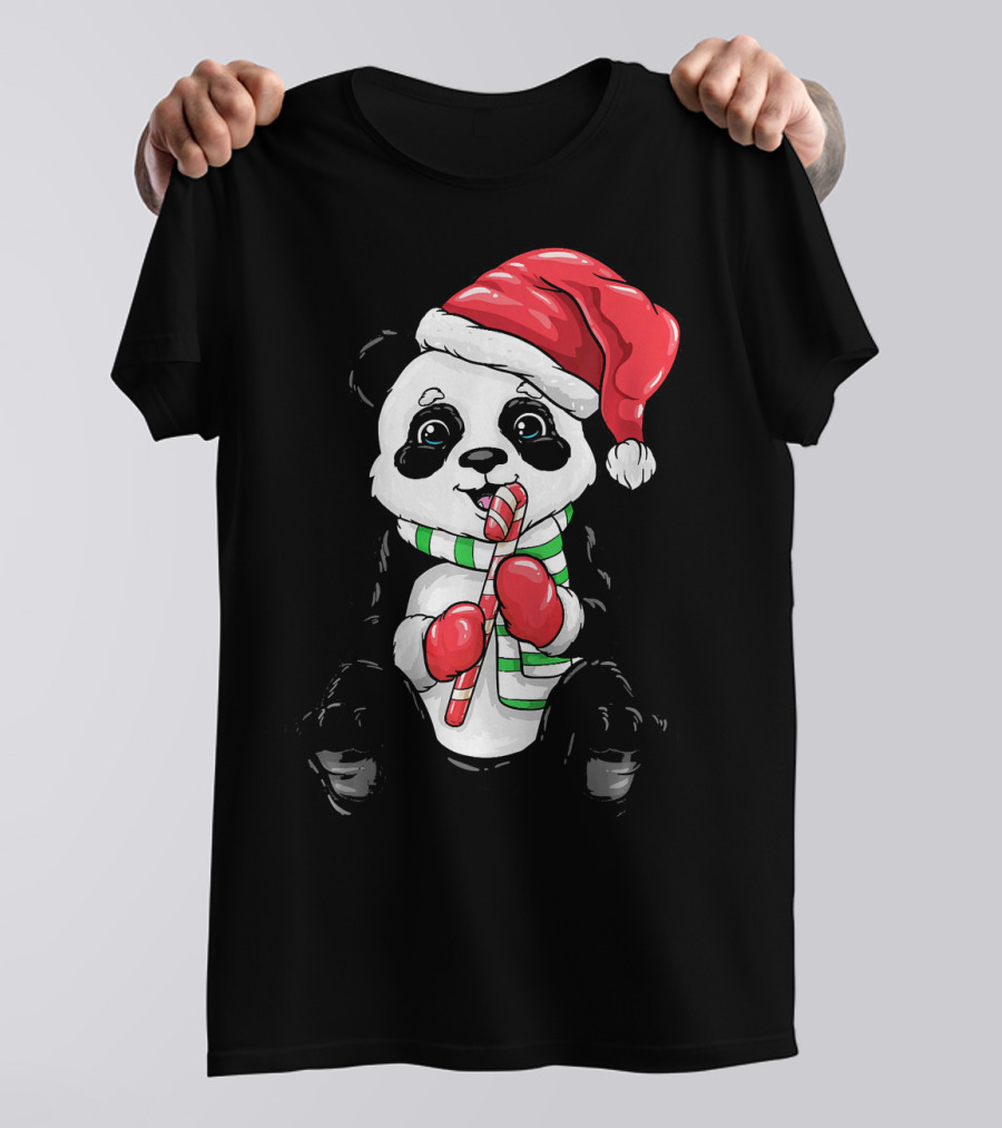 Panda Bear Kids Christmas Sweet Pan Santa Hat Candy Cane T-Shirt