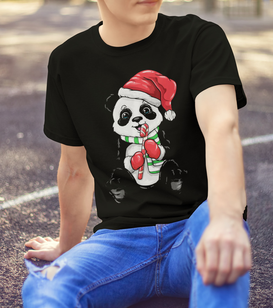 Panda Bear Kids Christmas Sweet Pan Santa Hat Candy Cane T-Shirt