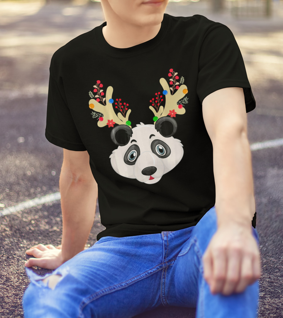 Panda Reindeer Christmas Tree Antler Santa T-Shirt