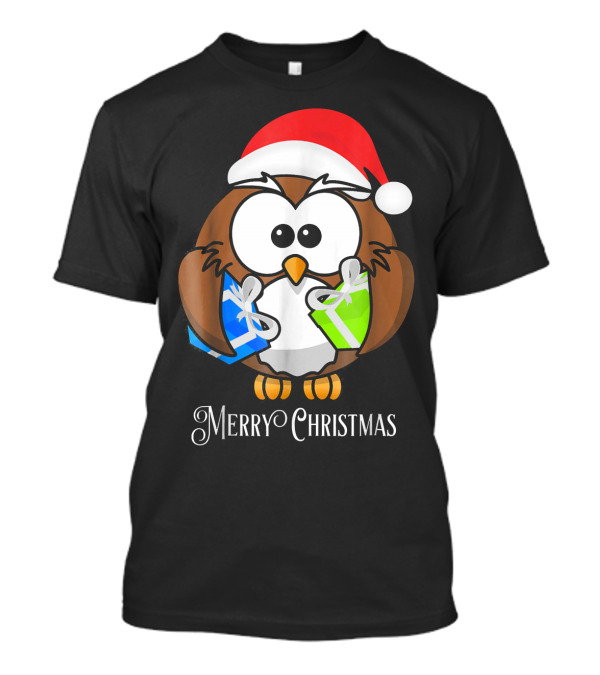Merry Christmas Owl Santa Hat Holding Gifts T-Shirt