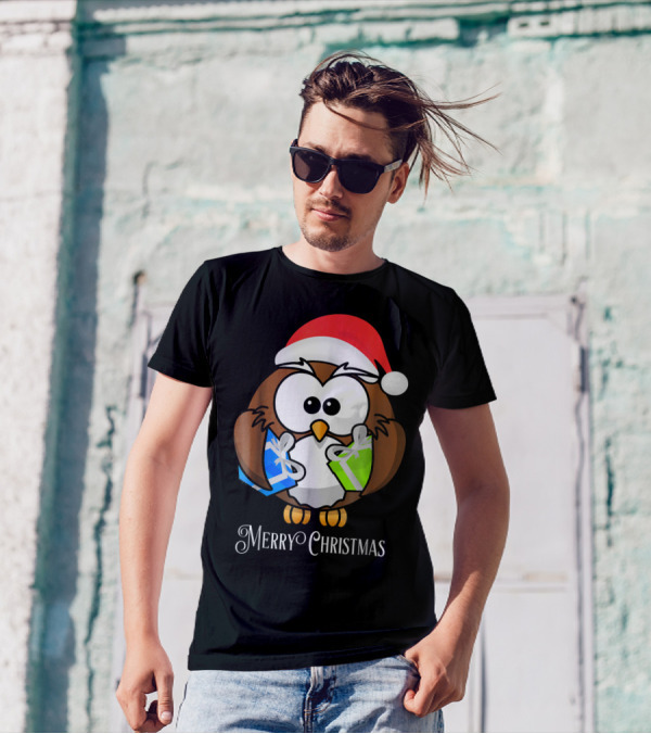 Merry Christmas Owl Santa Hat Holding Gifts T-Shirt