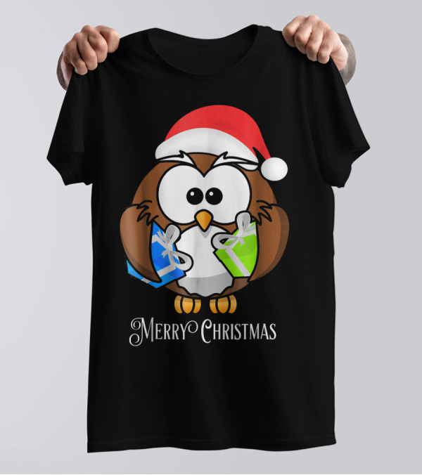 Merry Christmas Owl Santa Hat Holding Gifts T-Shirt