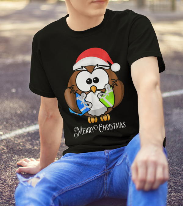 Merry Christmas Owl Santa Hat Holding Gifts T-Shirt