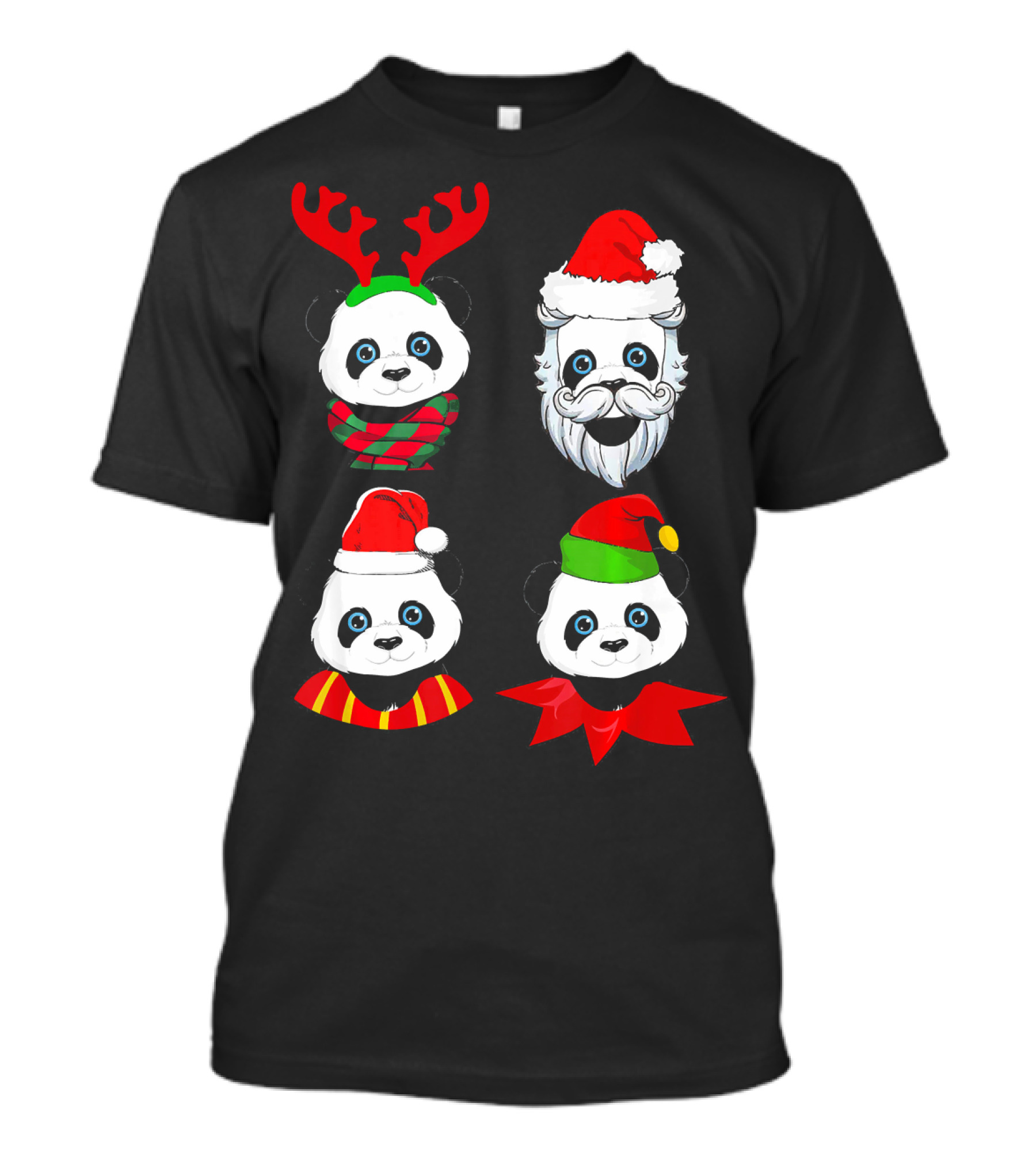 Panda Christmas Reindeer Santa Elf Faces T-Shirt