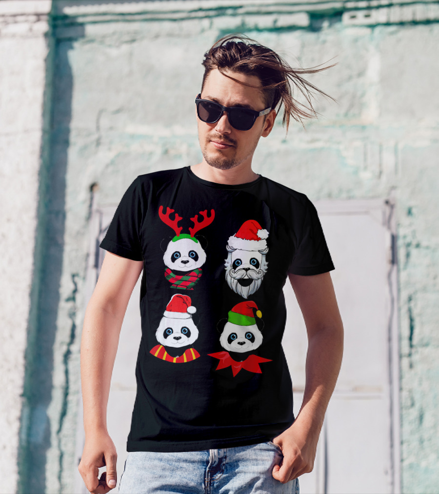 Panda Christmas Reindeer Santa Elf Faces T-Shirt