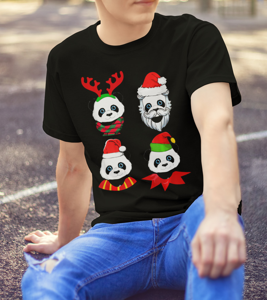 Panda Christmas Reindeer Santa Elf Faces T-Shirt