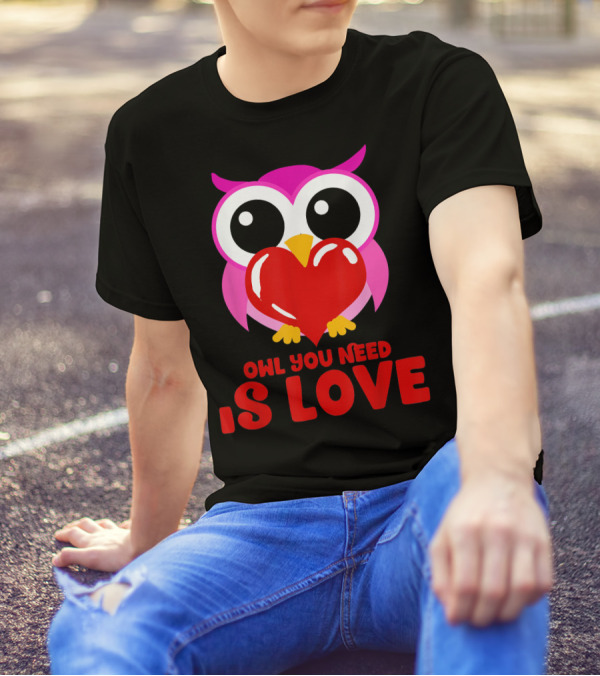 Owl You Need Is Love Funny Cute Pink Owl Holding Red Heart T-Shirt