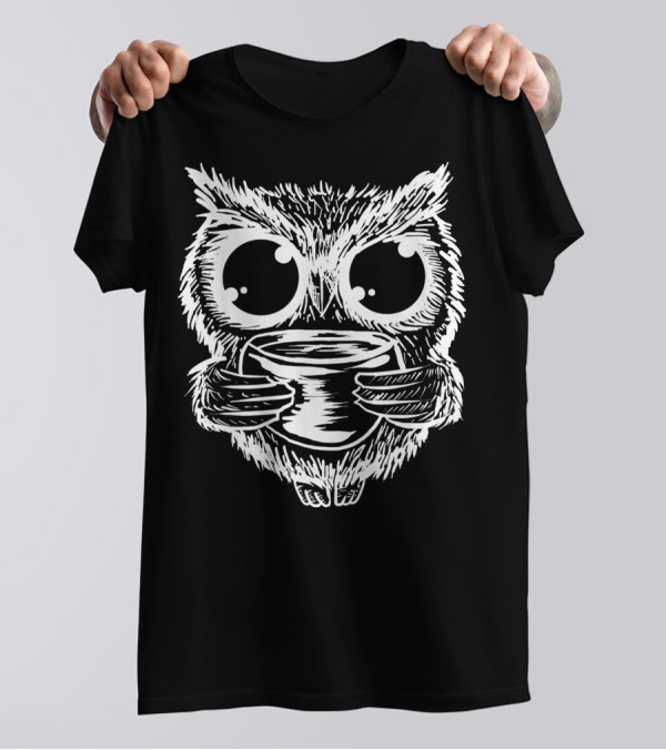 Owl Drinking Coffee Big Eyes Funny Nocturnal Bird T-Shirt