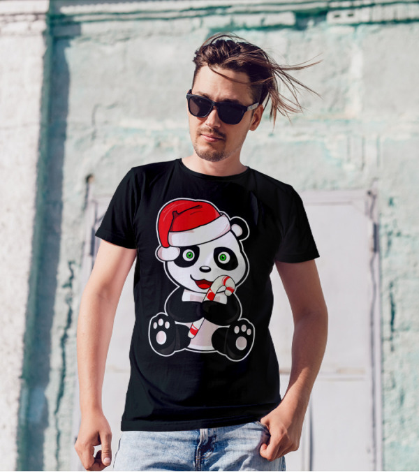 Panda Baby Christmas Candy Cane Santa Hat T-Shirt