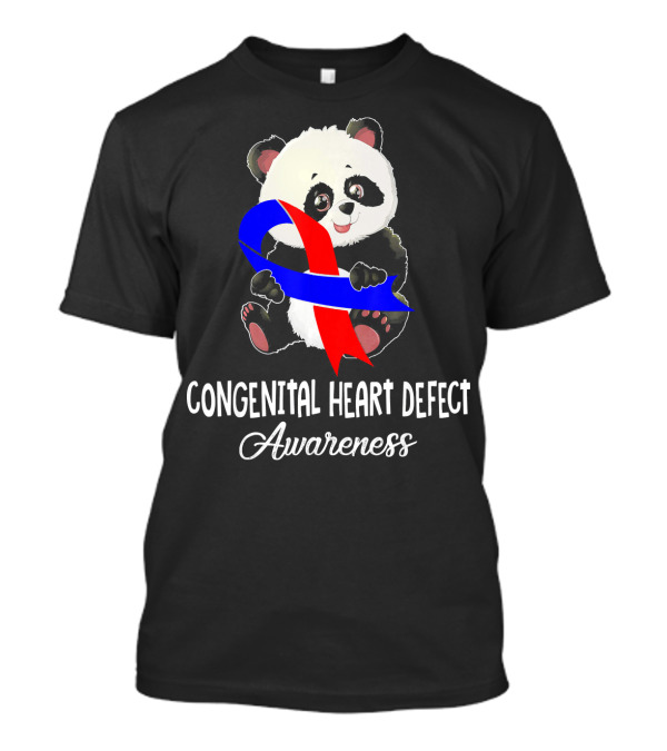 Panda With Red And Blue Ribbon Congenital Heart Defect Awareness T-Shirt