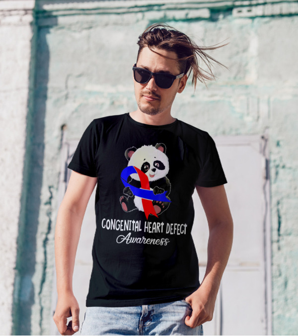 Panda With Red And Blue Ribbon Congenital Heart Defect Awareness T-Shirt