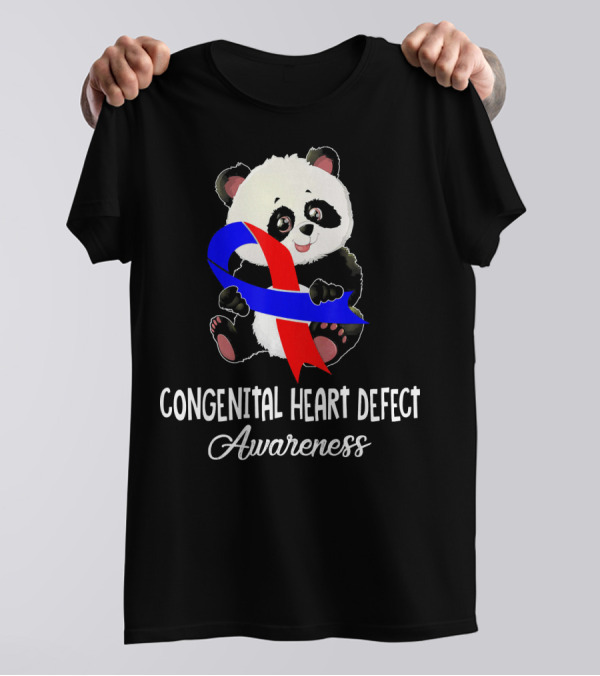 Panda With Red And Blue Ribbon Congenital Heart Defect Awareness T-Shirt