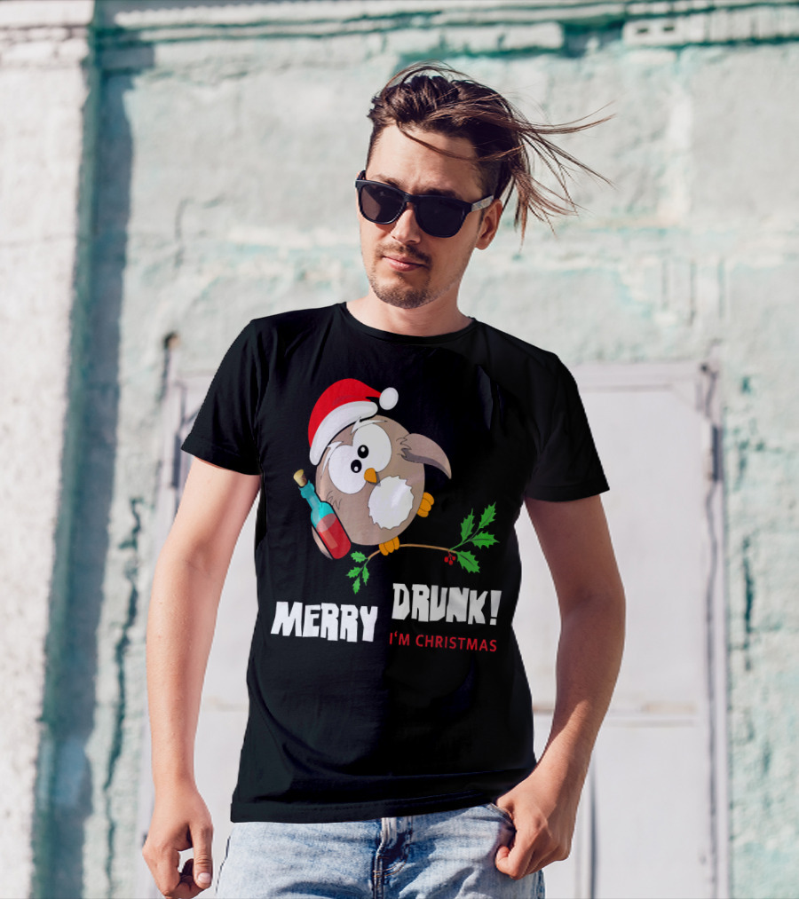 Merry Drunk Owl I'm Christmas Santa Hat Beer Party T-Shirt