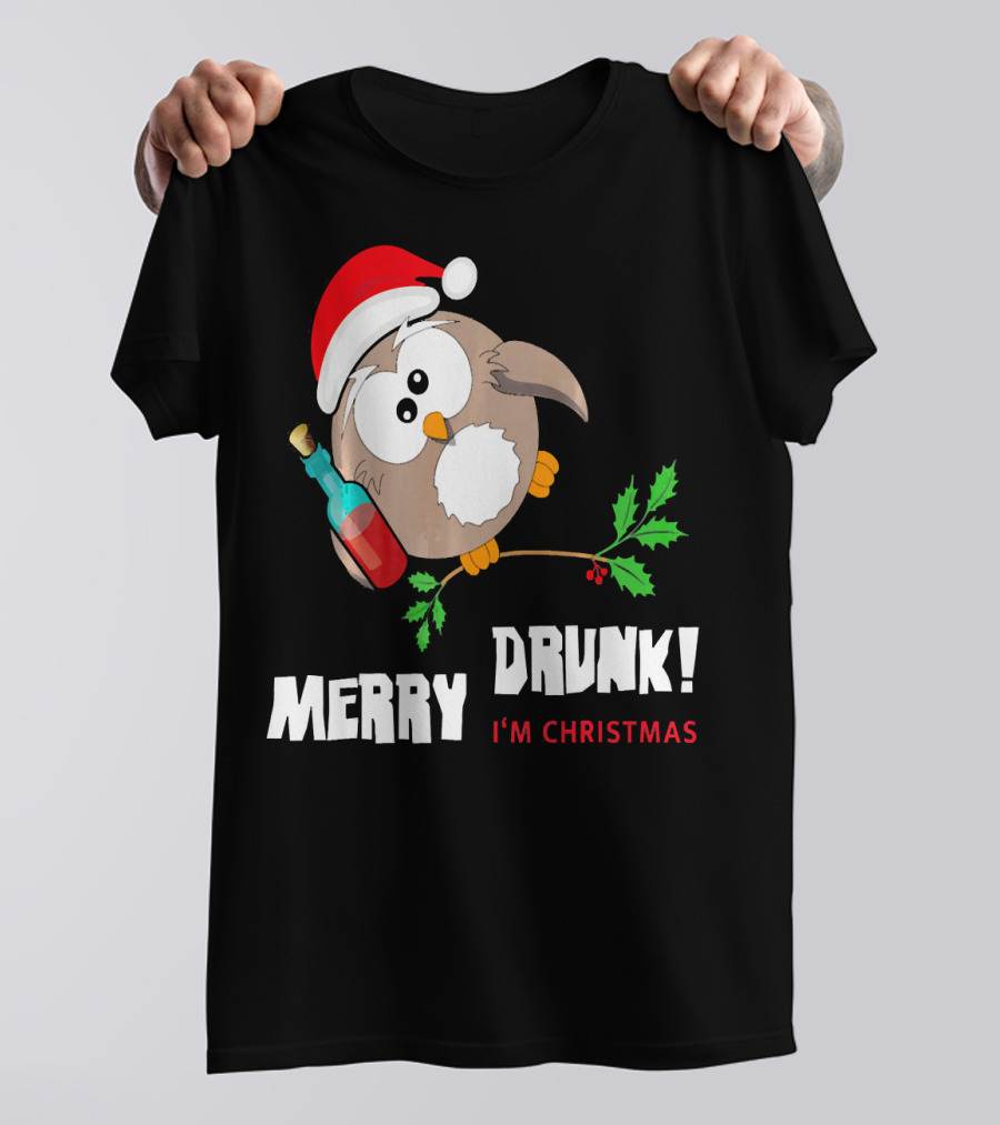 Merry Drunk Owl I'm Christmas Santa Hat Beer Party T-Shirt