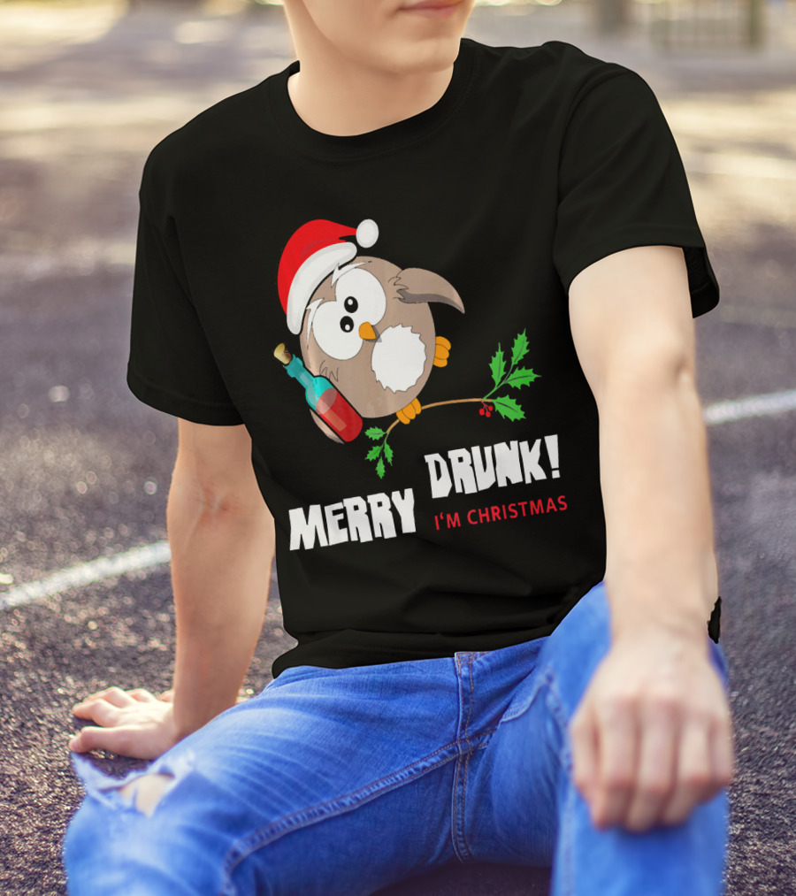 Merry Drunk Owl I'm Christmas Santa Hat Beer Party T-Shirt