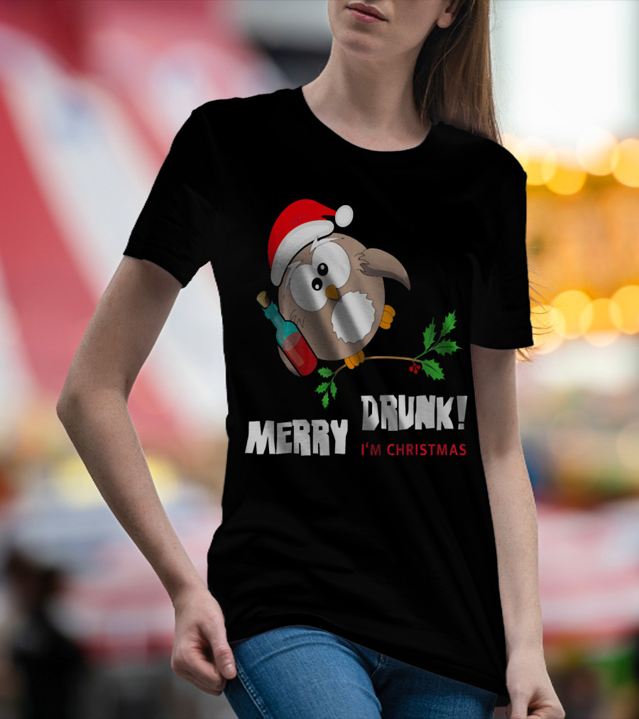 Merry Drunk Owl I'm Christmas Santa Hat Beer Party T-Shirt