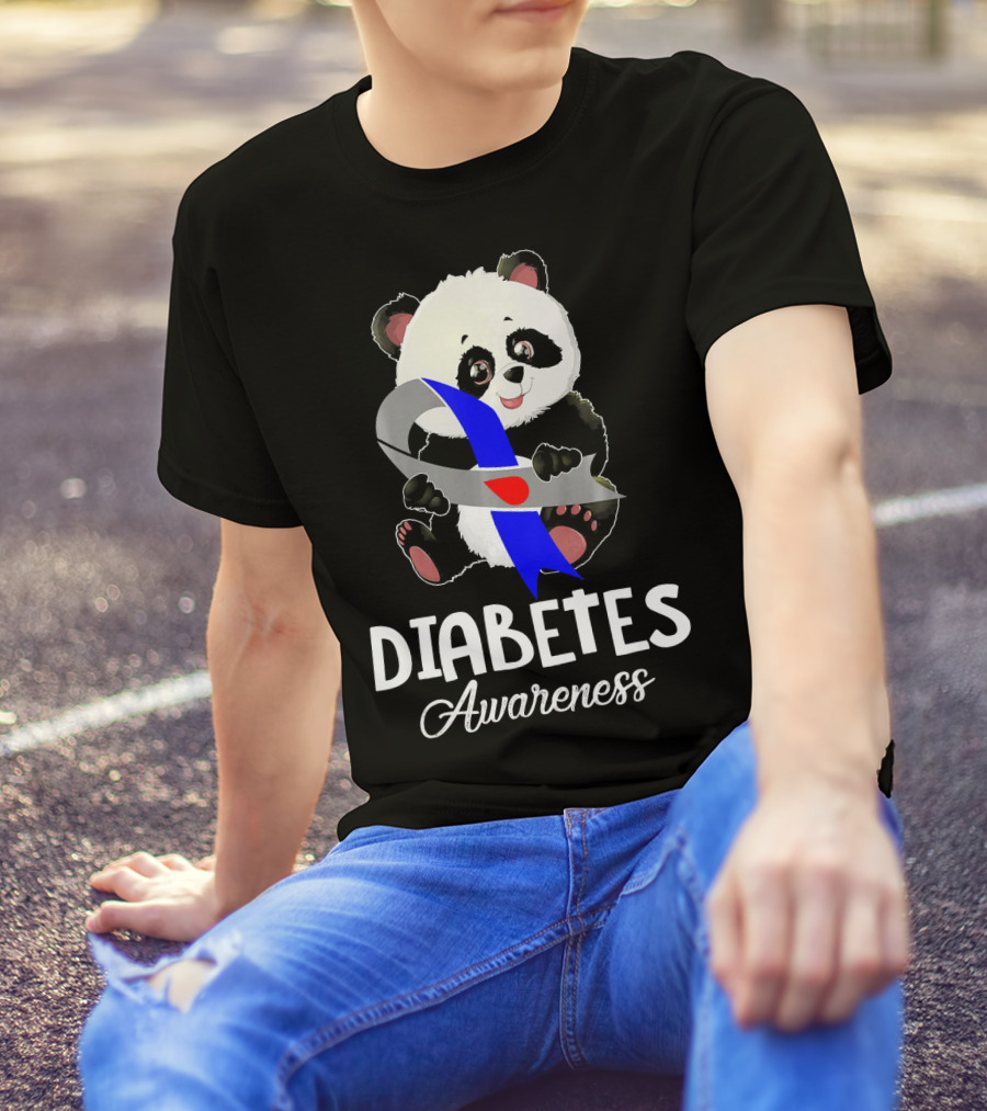 Panda With Blue Gray Ribbon Diabetes Awareness T-Shirt