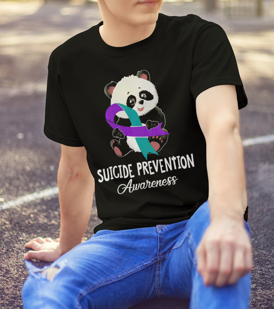 Panda With Teal And Purple Ribbon Suicide Prevention Awareness T-Shirt