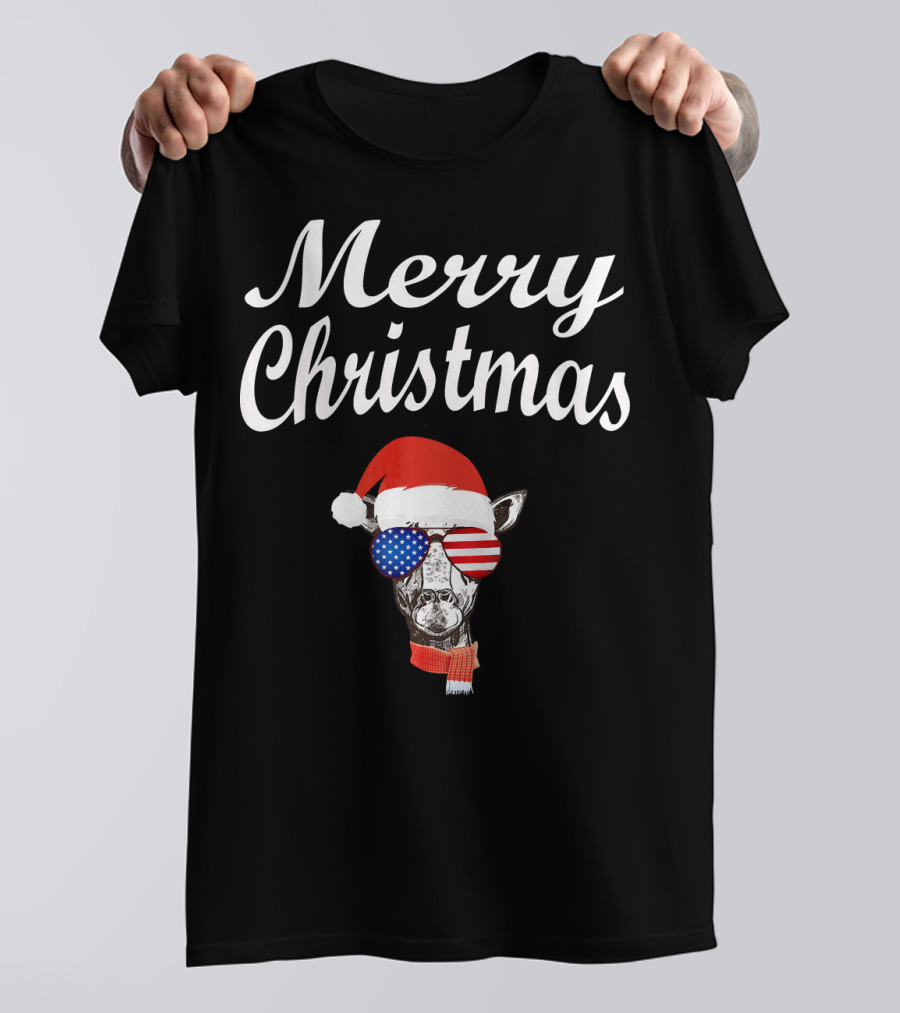 Merry Christmas Santa Hat Patriotic Giraffe With American Flag Sunglasses T-Shirt