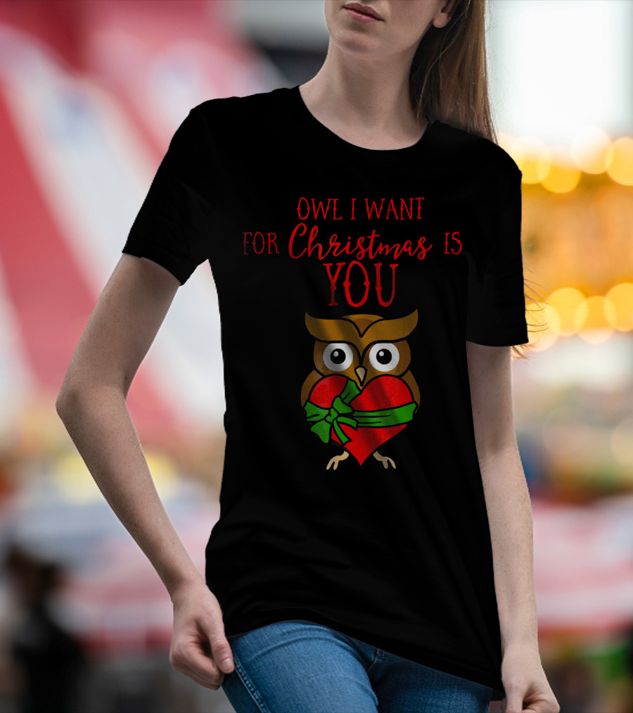 Owl I Want For Christmas Is You Owl Heart Present T-Shirt