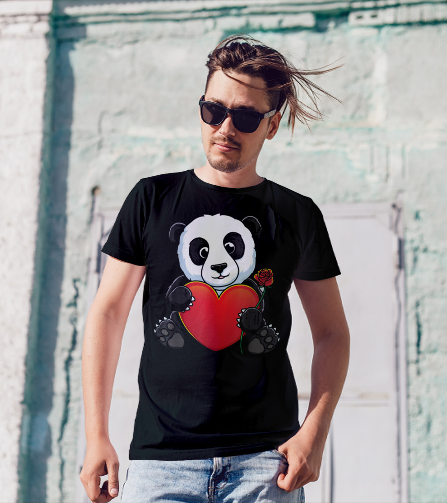 Panda Valentines Day Panda Bear Love Heart Rose T-Shirt