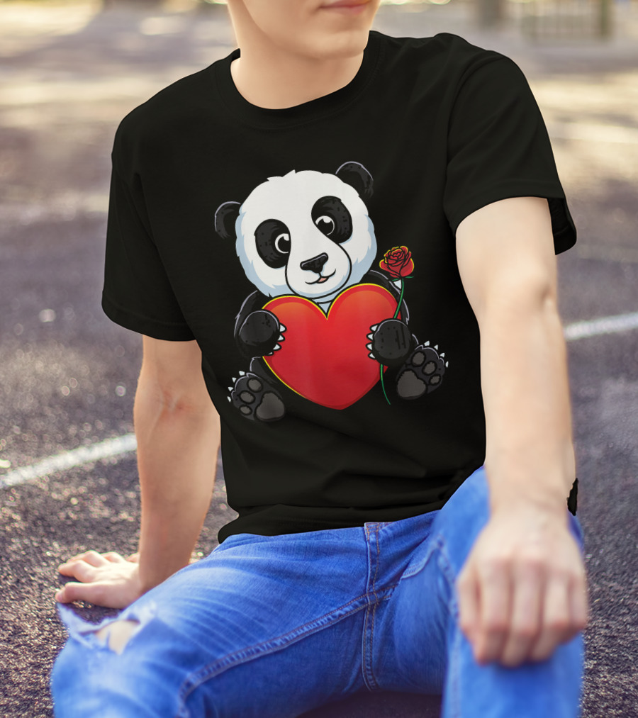 Panda Valentines Day Panda Bear Love Heart Rose T-Shirt