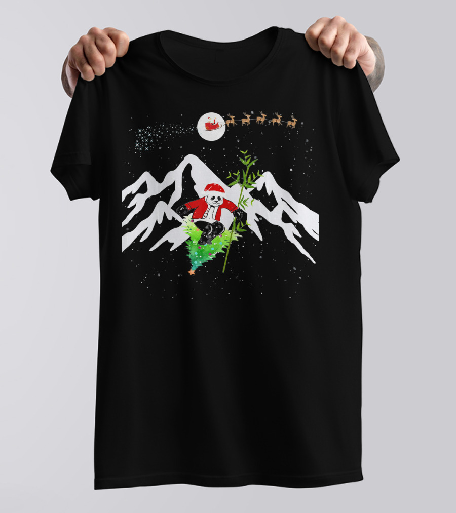 Panda Bear Skiing On Christmas Tree With Santa Hat And Reindeer In Snowy Mountains T-Shirt
