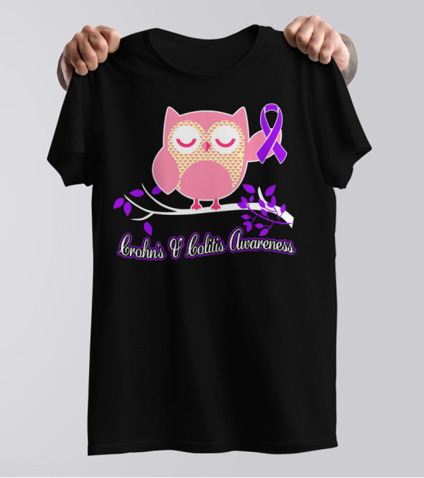 Crohn's And Colitis Awareness Owl With Purple Ribbon On Branch T-Shirt