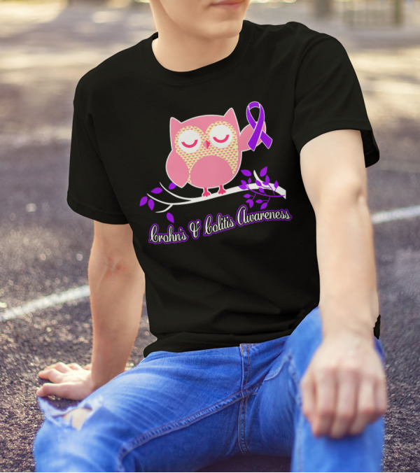 Crohn's And Colitis Awareness Owl With Purple Ribbon On Branch T-Shirt