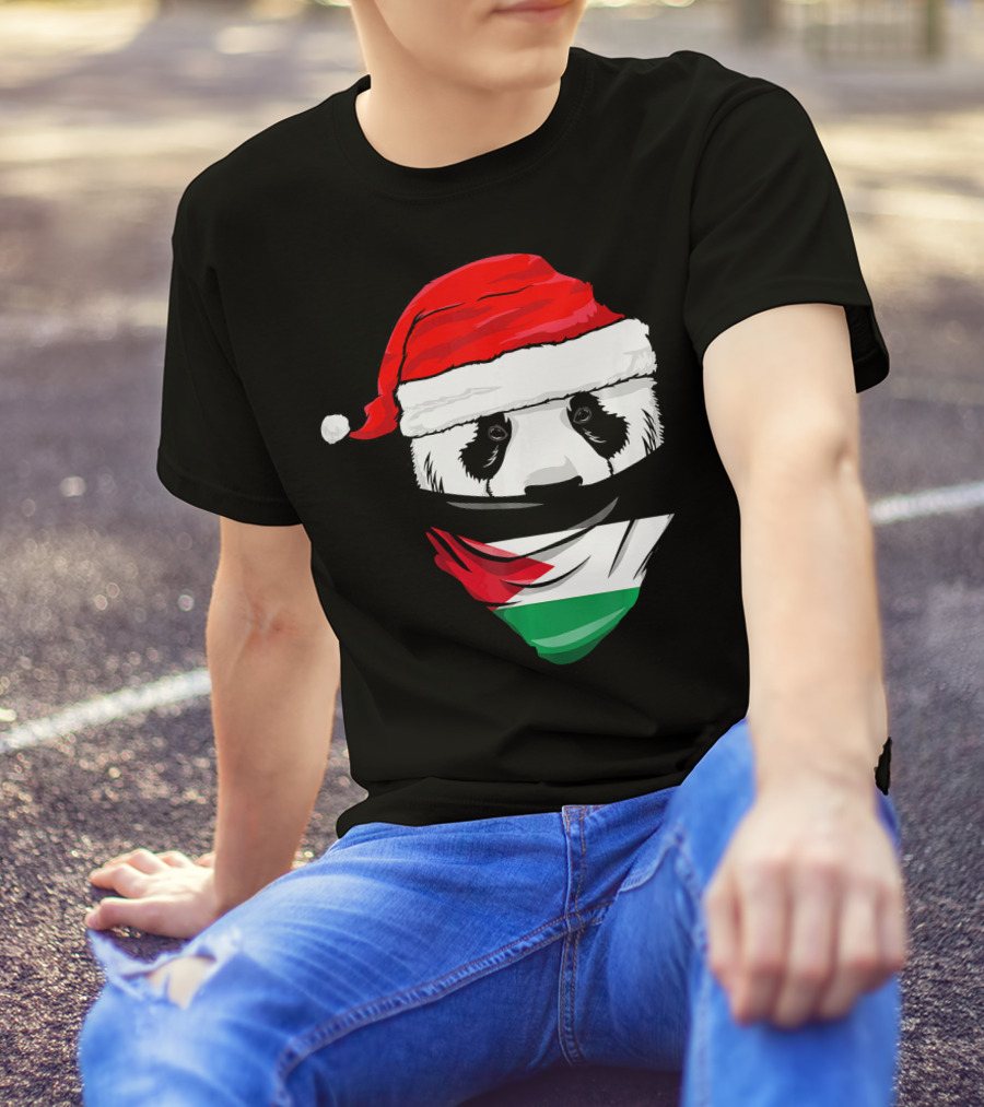 Panda Wearing Santa Hat And Jordanian Flag Bandana T-Shirt