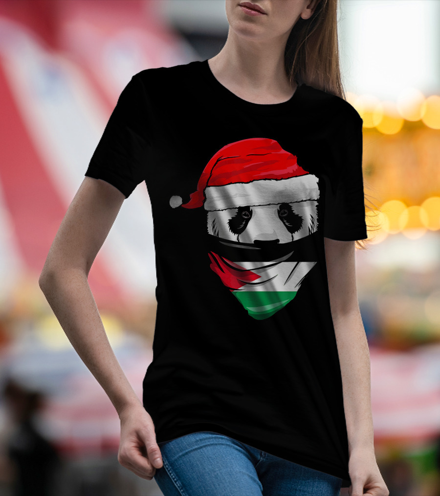 Panda Wearing Santa Hat And Jordanian Flag Bandana T-Shirt
