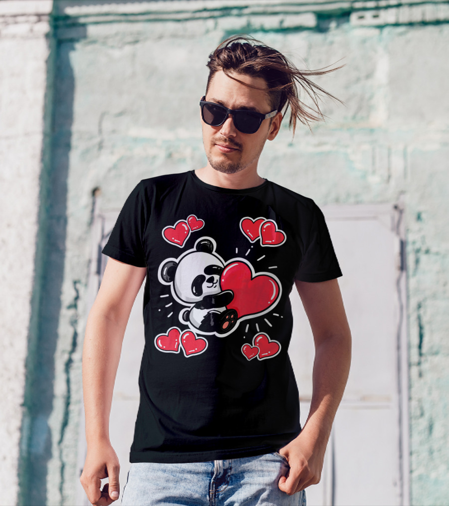 Panda Holding Red Hearts Valentines T-Shirt