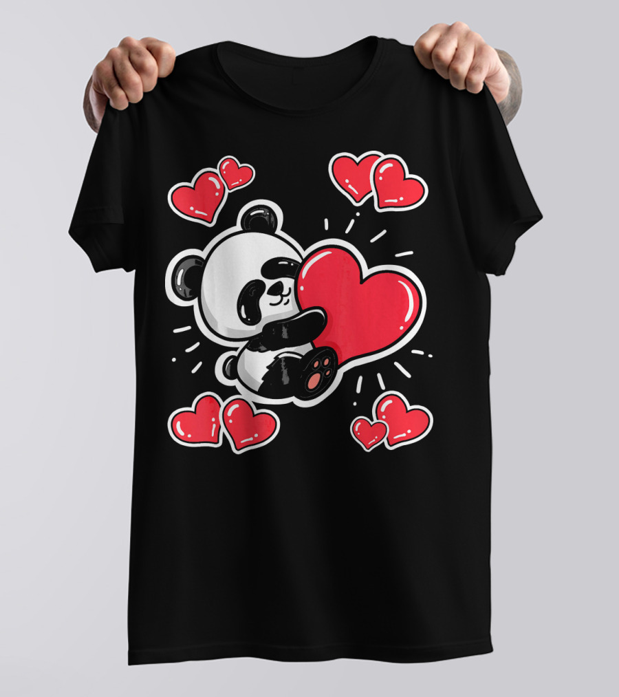 Panda Holding Red Hearts Valentines T-Shirt