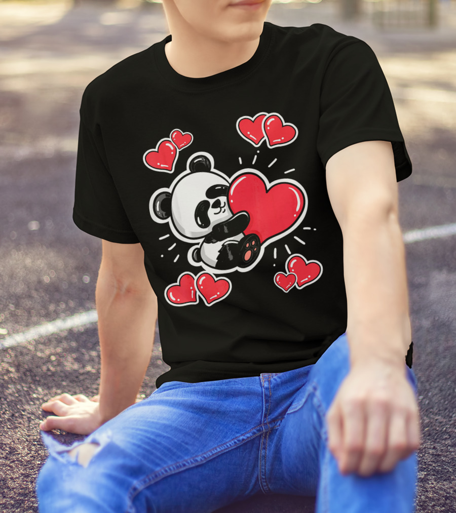 Panda Holding Red Hearts Valentines T-Shirt