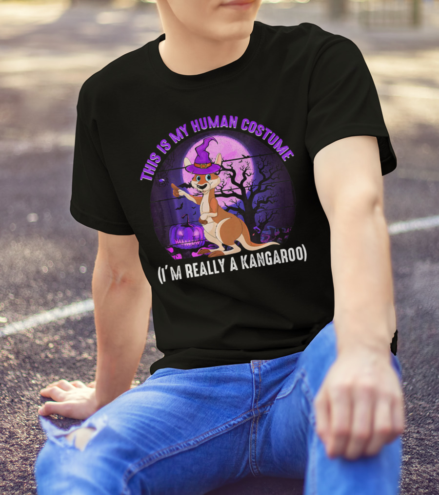 This Is My Human Costume I'm Really A Kangaroo Halloween Hat Moon Pumpkin Scene T-Shirt