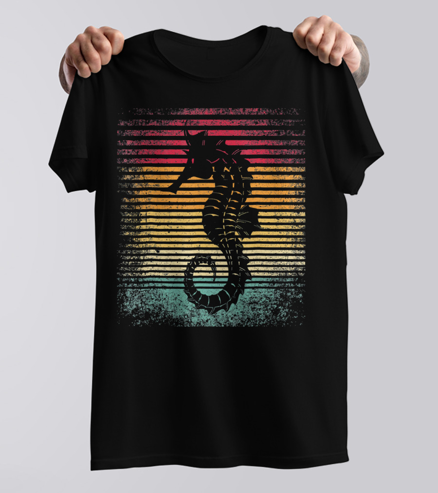 Vintage Retro Seahorse 70s 80s Style Sunset Stripes T-Shirt