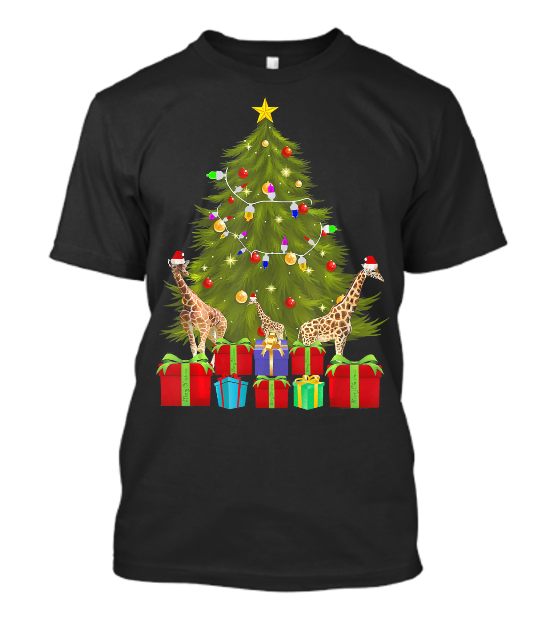 Santa Giraffes With Christmas Tree And Presents T-Shirt