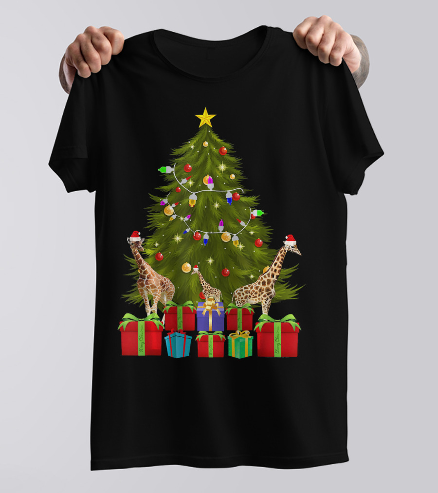 Santa Giraffes With Christmas Tree And Presents T-Shirt