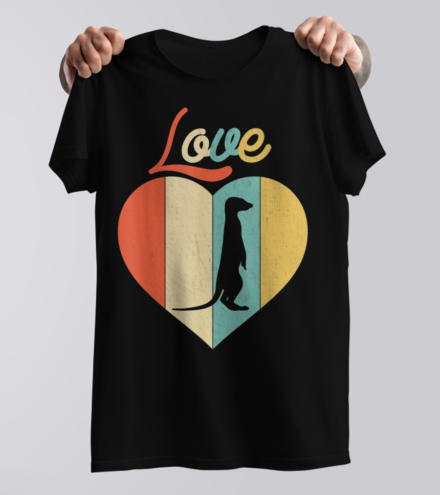 Vintage Retro Love Meerkat Heart Silhouette Stripes T-Shirt
