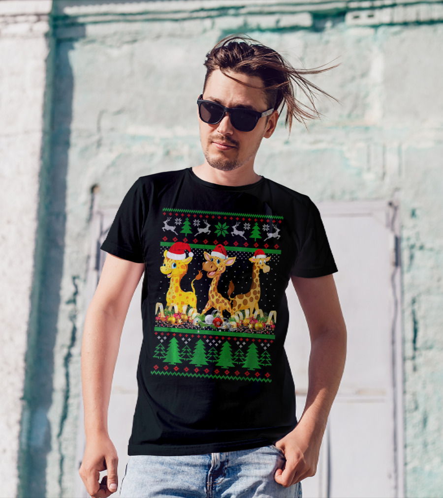 Ugly Christmas Giraffe Santa Hat Lights Festive Holiday Sweater Reindeer Trees T-Shirt